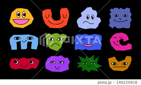 Cartoon faces of fictional characters, emojis and emoticons with different emotions. Abstract shapes, geometric figures and alphabet letters. Colorful set of avatar icons with smiles, eyes and noses. 140220916