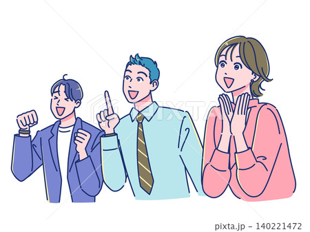 笑顔で斜め上を見て喜ぶ会社員男女 笑顔で斜め上を見て喜ぶ会社員男女 140221472
