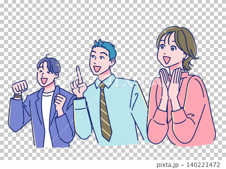 笑顔で斜め上を見て喜ぶ会社員男女 笑顔で斜め上を見て喜ぶ会社員男女 140221472