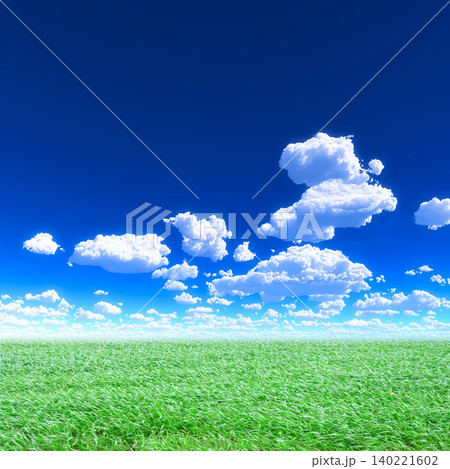 青空と白い雲が広がる緑の草原風景 青空と白い雲が広がる緑の草原風景 140221602