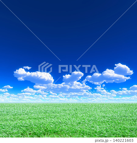 青空と白い雲が広がる緑の草原風景 140221603