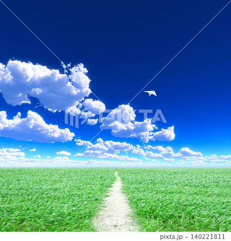 青空へ続く草原の小道と白い雲の風景 青空へ続く草原の小道と白い雲の風景 140221811