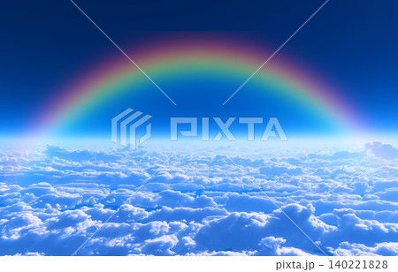 虹が架かる雲海と青空の幻想的な空中風景 虹が架かる雲海と青空の幻想的な空中風景 140221828