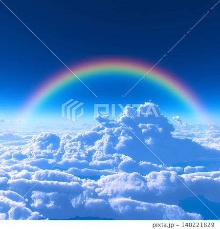 虹が架かる雲海と青空の幻想的な空中風景 虹が架かる雲海と青空の幻想的な空中風景 140221829