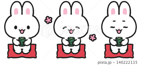 座布団に座りお茶を飲むウサギのイラストセット 座布団に座りお茶を飲むウサギのイラストセット 140222115