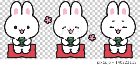 A set of illustrations of a rabbit sitting on a cushion and drinking tea. A set of illustrations of a rabbit sitting on a cushion and drinking tea. 140222115