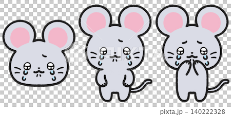 A set of illustrations of a mouse crying with teary eyes. 140222328