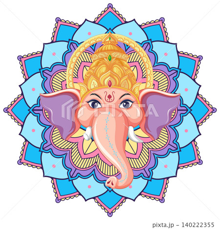 Elephant Head Deity Illustration with Colorful Mandala Background Pattern Elephant Head Deity Illustration with Colorful Mandala Background Pattern 140222355