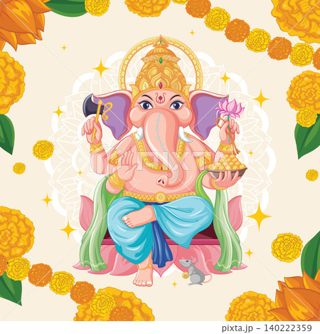 Lord Ganesha Vector Illustration with Marigold Flowers and Mandala Background Lord Ganesha Vector Illustration with Marigold Flowers and Mandala Background 140222359