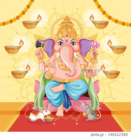 Lord Ganesha Vector Illustration with Oil Lamps and Sacred Symbols Lord Ganesha Vector Illustration with Oil Lamps and Sacred Symbols 140222360