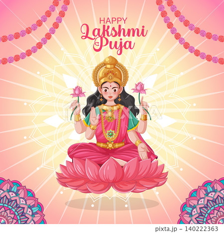 Goddess Lakshmi Sitting on Lotus Flower Vector for Hindu Festival Celebration 140222363