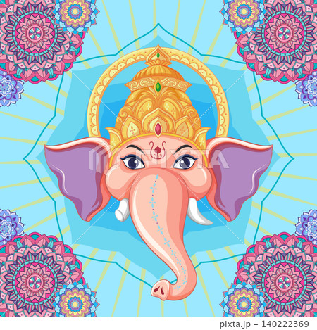 Vector Illustration of Ganesha Head with Golden Crown and Mandalas 140222369