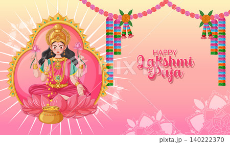 Hindu Goddess Lakshmi Sitting on Lotus with Gold Coins and Decorations 140222370