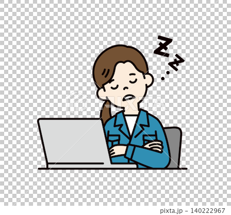 パソコンの前でうとうと居眠りをする、作業服を着た若い女性社員・従業員のベクターイラスト素材 パソコンの前でうとうと居眠りをする、作業服を着た若い女性社員・従業員のベクターイラスト素材 140222967