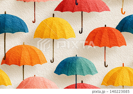 Autumn decoration. Colored rain umbrellas equidistant from each other. Seamless pattern. Minimalist style. Drawing style. Autumn decoration. Colored rain umbrellas equidistant from each other. Seamless pattern. Minimalist style. Drawing style. 140223085