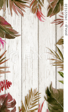 Watercolor tropical leaves frame on distressed white wooden background for design aspect ratio 9 16 140223110