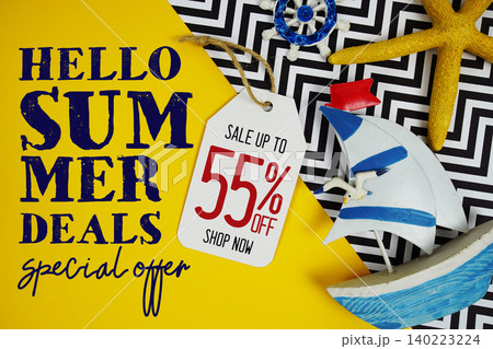 Hello Summer Sale 55% with Price tag and summer decorations on yellow background Hello Summer Sale 55% with Price tag and summer decorations on yellow background 140223224