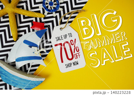 Hello Summer Sale 70% with Price tag and summer decorations on yellow background 140223228