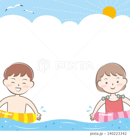 海水浴をする水着の子供たちのフレーム 海水浴をする水着の子供たちのフレーム 140223342