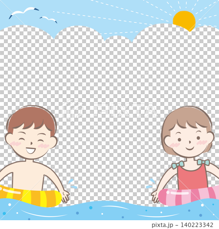 海水浴をする水着の子供たちのフレーム 海水浴をする水着の子供たちのフレーム 140223342