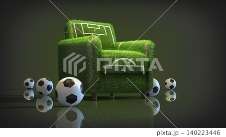 3D Rendered Armchair with Football Field Design and Soccer Balls 140223446