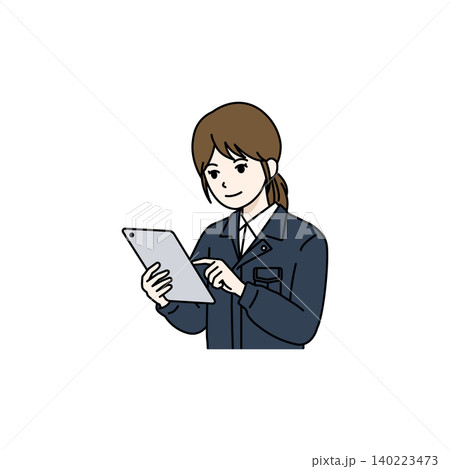 女性作業員 タブレット 指差し 案内 説明 運送業 配送業 警備 整備士 ビルメンテ イラスト 140223473
