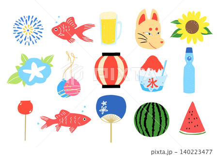 夏祭りのフラットシンプルなアイコンイラスト かわいい手描きのイラストセット 夏祭りのフラットシンプルなアイコンイラスト かわいい手描きのイラストセット 140223477