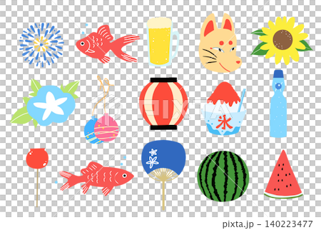 夏祭りのフラットシンプルなアイコンイラスト かわいい手描きのイラストセット 夏祭りのフラットシンプルなアイコンイラスト かわいい手描きのイラストセット 140223477