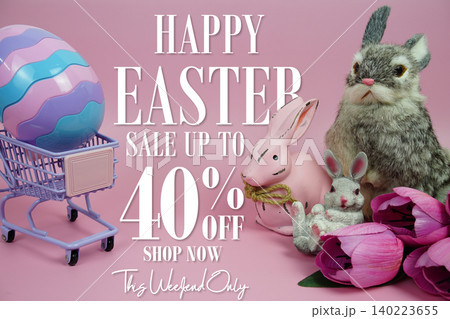 Easter Sale 40% promotion with Easter egg, rabbit and tulip flowers decorations concept on pink background Easter Sale 40% promotion with Easter egg, rabbit and tulip flowers decorations concept on pink background 140223655