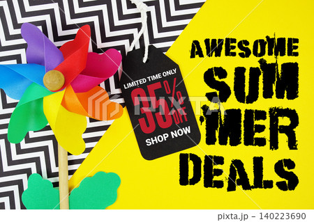 Hello Summer Deal 35% with Price tag and summer decorations on yellow background Hello Summer Deal 35% with Price tag and summer decorations on yellow background 140223690