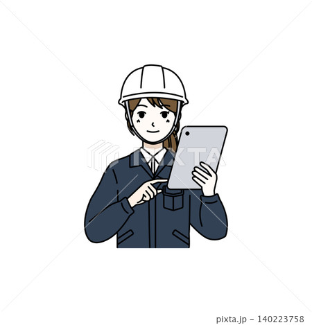 女性作業員 ヘルメット タブレット 操作 入力 運送業 配送業 警備 整備士 ビルメンテ イラスト 140223758