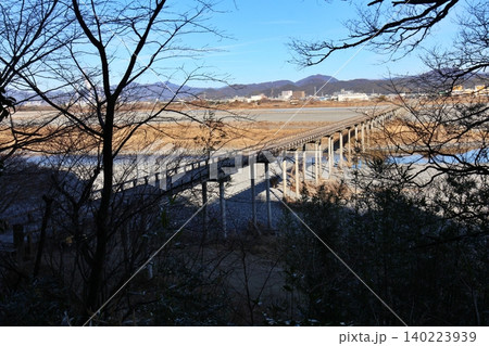 静岡県島田市 大井川に架かる蓬萊橋(ギネス世界記録の世界一長い木造歩道橋)のパノラマ 静岡県島田市 大井川に架かる蓬萊橋(ギネス世界記録の世界一長い木造歩道橋)のパノラマ 140223939
