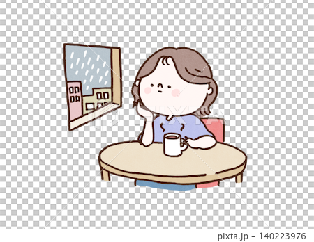 温かい飲み物を手に雨降る窓の外を見つめて憂鬱な女性(気象病・メンタルヘルス) 温かい飲み物を手に雨降る窓の外を見つめて憂鬱な女性(気象病・メンタルヘルス) 140223976