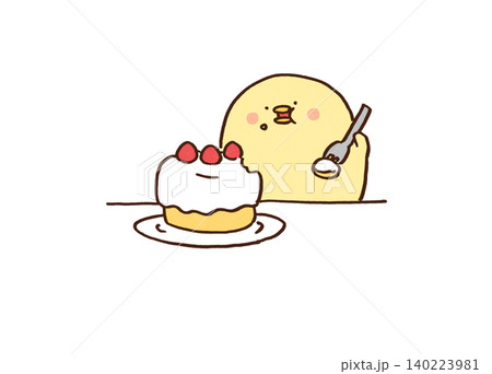 イチゴが乗った大きなショートケーキを頬張る食欲旺盛なひよこ（自分へのご褒美） 140223981