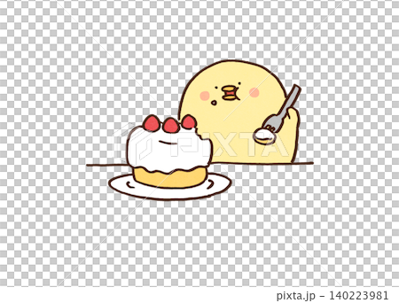 イチゴが乗った大きなショートケーキを頬張る食欲旺盛なひよこ（自分へのご褒美） 140223981