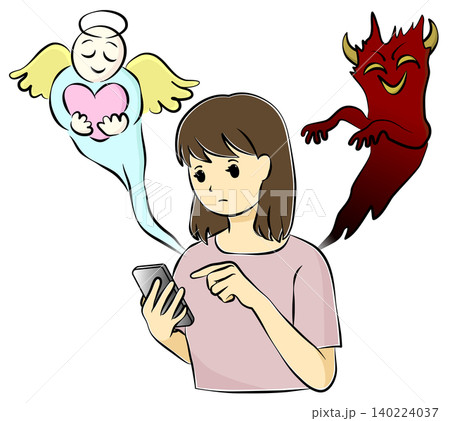 スマートフォンを操作する若い女性と、左右に現れた天使と悪魔のイメージイラスト 140224037