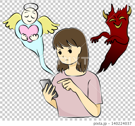 スマートフォンを操作する若い女性と、左右に現れた天使と悪魔のイメージイラスト 140224037