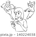 スマートフォンを操作する若い女性と、左右に現れた天使と悪魔の線画イメージイラスト 140224038