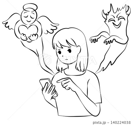 スマートフォンを操作する若い女性と、左右に現れた天使と悪魔の線画イメージイラスト スマートフォンを操作する若い女性と、左右に現れた天使と悪魔の線画イメージイラスト 140224038