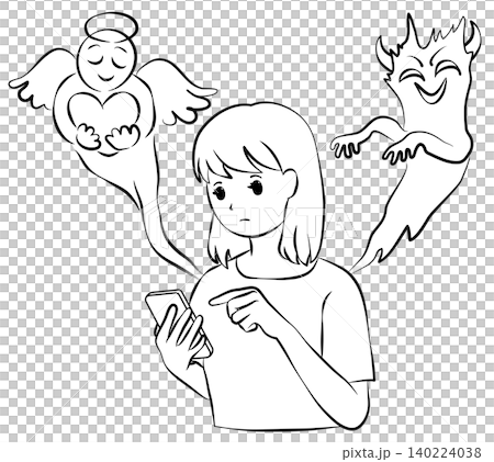 スマートフォンを操作する若い女性と、左右に現れた天使と悪魔の線画イメージイラスト スマートフォンを操作する若い女性と、左右に現れた天使と悪魔の線画イメージイラスト 140224038