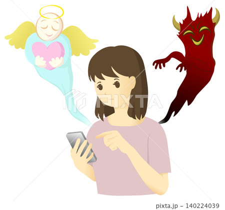 スマートフォンを操作する若い女性と、左右に現れた天使と悪魔のイメージイラスト スマートフォンを操作する若い女性と、左右に現れた天使と悪魔のイメージイラスト 140224039