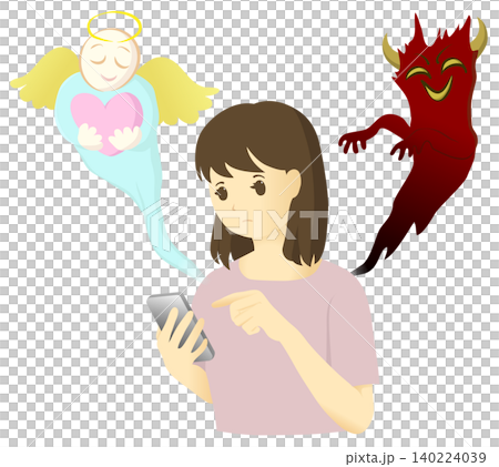 一幅插圖,描繪了一位年輕女子正在操作智慧型手機,兩側分別出現了天使和惡魔。 一幅插圖,描繪了一位年輕女子正在操作智慧型手機,兩側分別出現了天使和惡魔。 140224039