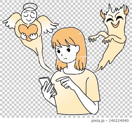 An image illustration of a young woman operating a smartphone, with angels and demons appearing on either side. An image illustration of a young woman operating a smartphone, with angels and demons appearing on either side. 140224040