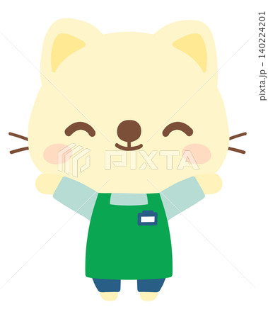 エプロン姿の猫店員のイラスト（万歳）　働く　動物 140224201