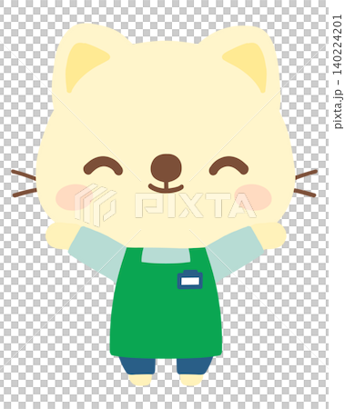 エプロン姿の猫店員のイラスト（万歳）　働く　動物 140224201