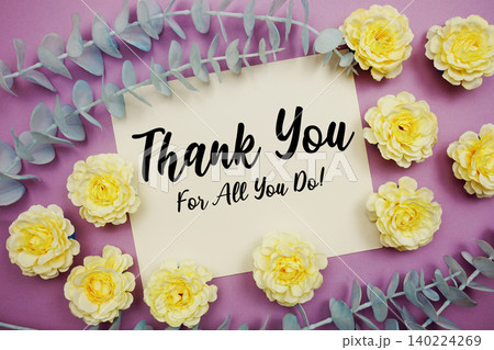 Thank You text written on paper card with flowers decoration 140224269