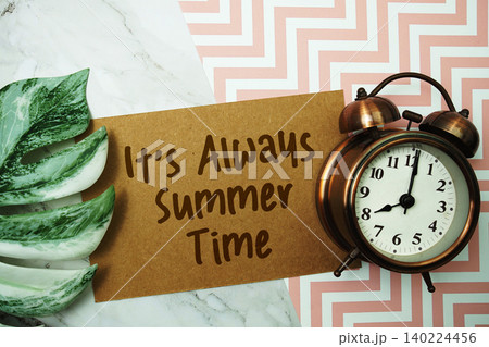 It's Always Summer Time text with monstera leave on pink background 140224456