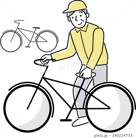 駐輪場で自転車を整理するシニア男性 駐輪場で自転車を整理するシニア男性 140224753