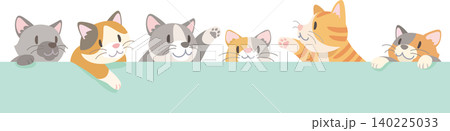 壁の向こうから顔を出して遊ぶ6匹の猫 140225033