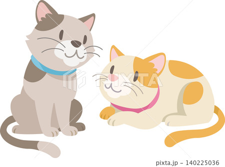座るブチ猫と伏せる茶白猫 座るブチ猫と伏せる茶白猫 140225036